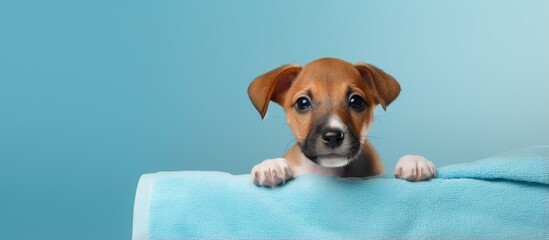 Cute puppy with blue towel on head photographed in studio on isolated pastel background Copy space