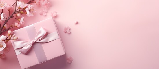 An elegant gift box with a pink floral bow suitable for any celebration isolated pastel background Copy space
