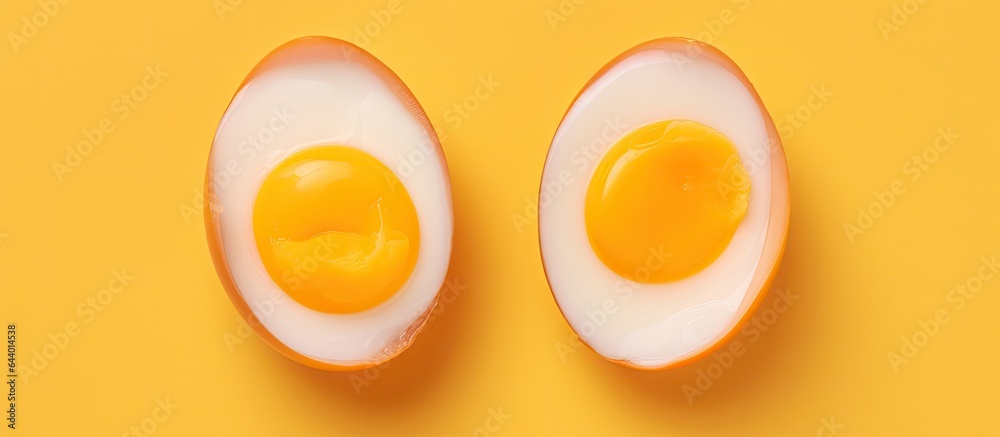 Poster Halved boiled eggs with yolks on a isolated pastel background Copy space