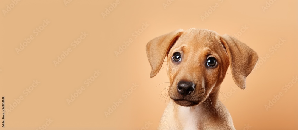 Poster close up studio portrait of a dog isolated on a isolated pastel background copy space looking direct