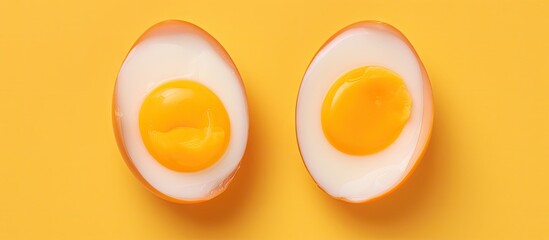 Halved boiled eggs with yolks on a isolated pastel background Copy space