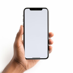 A hand holds a smartphone with a blank screen on a white background.