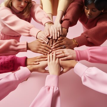 Breast cancer support charity concept close-up of diverse women joining hands together  