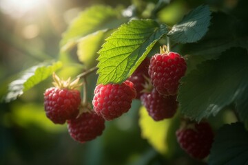 Ripe raspberry branch in the garden. Generative AI