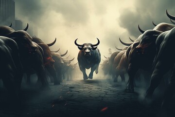 A cautionary business metaphor symbolizing danger in following popular trends, as bulls mindlessly head towards their demise. Generative AI