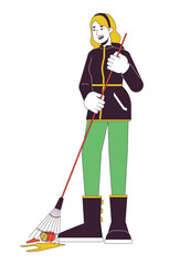 Happy woman sweeping litter flat line color vector character. Cleaning floor. Volunteering. Editable outline full body person on white. Simple cartoon spot illustration for web graphic design