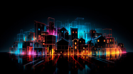 Cityscape with neon lights on dark background. 3D rendering.