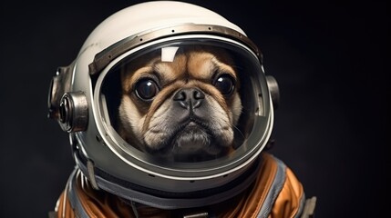 Dog wearing astronaut costume for carnival party. Cute funny puppy dogs dressed up in Halloween costumes. Humanised animals concept..