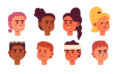 Sporty people semi flat colour vector character heads pack. Multinational men, women. Editable cartoon avatar icons. Face emotions. Colorful spot illustration bundle for web graphic design, animation