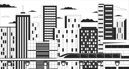 Fototapeta premium Bullet train night skyscrapers black and white lo fi aesthetic wallpaper. Highrise buildings twilight, railway train outline 2D vector cartoon cityscape illustration, monochrome lofi background