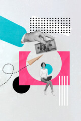 Creative abstract miniature illustration collage of young girl sending message her employer for...