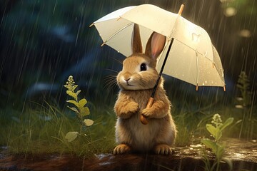 Bunny with umbrella on the grass. Beautiful illustration picture