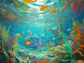 Fototapeta na wymiar Charming illustration of the underwater world. A beautiful postcard of the sea world, bright fish, algae, shells.