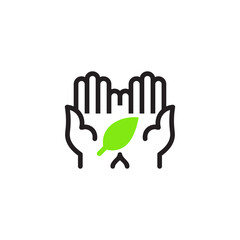 Hand palms holding a sprouting plant seed, minimalist pictogram