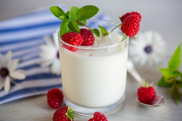 Sweet cooked homemade yogurt with fresh raspberries in a glass.