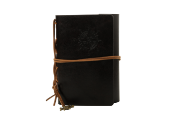 Vintage, black notebook, isolated on white background