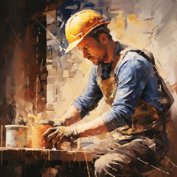 An illustration by a working builder in a helmet mixes paint for painting work