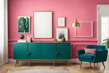 A mockup poster blank frame hanging on a neon pink wall, above a mid-century sideboard, Retro-inspired home decor