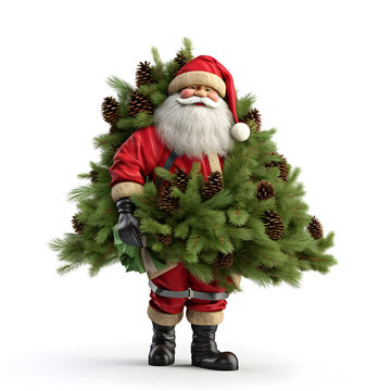 un p&egrave;re no&euml;l en train de porter un sapin de no&euml;l sur fond blanc
