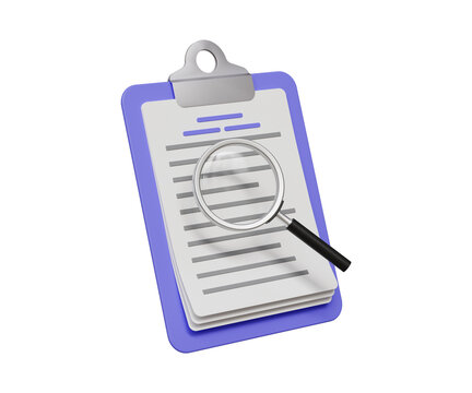 3D searching document icon. Files or document inspection, research paper, document examination. Searching paper with magnifier. 3d illustration