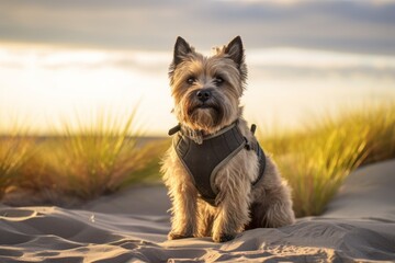 Photography in the style of pensive portraiture of a happy cairn terrier jumping wearing a reflective vest against a serene dune landscape background. With generative AI technology
