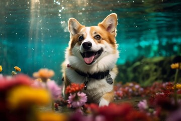 Medium shot portrait photography of a smiling norwegian lundehund bringing the leash wearing a floral collar against a fascinating underwater world background. With generative AI technology - obrazy, fototapety, plakaty