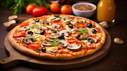 Cheese pizza with toppings of bell peppers, olives, mushrooms and oregano