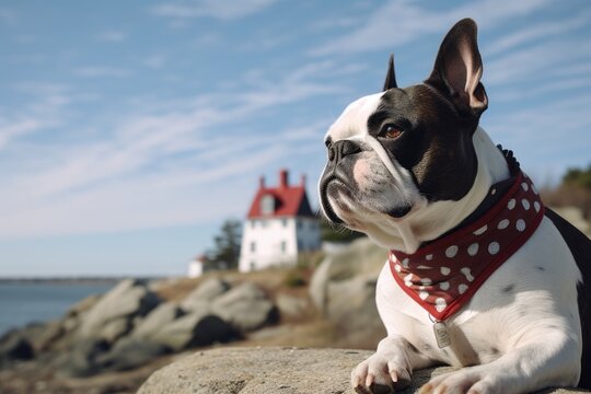 Photography in the style of pensive portraiture of a funny bulldog fetching ball wearing a polka dot bandana against a majestic lighthouse on a cliff background. With generative AI technology