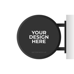 Black round signboard on the wall outdoor. Vector mockup