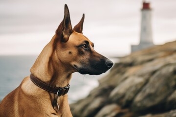 Photography in the style of pensive portraiture of a cute belgian malinois dog tail wagging wearing a sherpa coat against a majestic lighthouse on a cliff background. With generative AI technology
