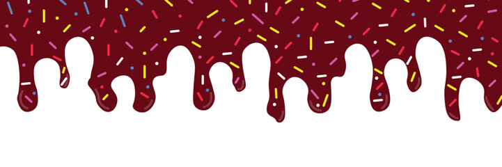 Chocolate and ice cream melted with colorful cute candy sprinkles long border, banner, wallpaper, backdrop seamless pattern. Vector ilustration
