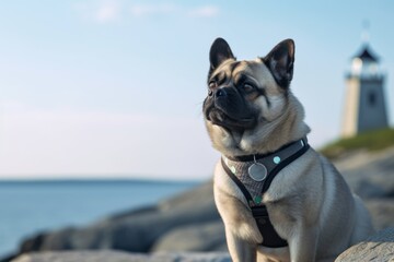 Medium shot portrait photography of a cute norwegian elkhound guarding wearing a butterfly wings against a majestic lighthouse on a cliff background. With generative AI technology