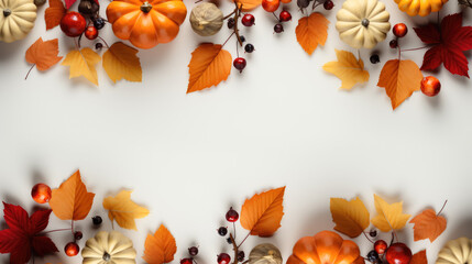Festive Autumn Day , Decor from pumpkins and leaves on a white background , Copy space , Created with Generative Ai Technology