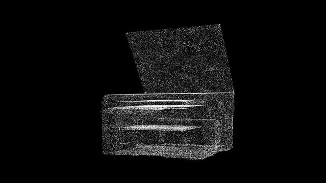 3D Photocopier printer MFP rotates on black background. Modern technologies concept. Office machinery and equipment. Business advertising backdrop. For title, text, presentation. 3d animation 60 FPS