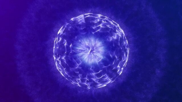 Abstract round purple blue sphere glowing energy magic molecule with atoms from particles and dots cosmic neon shiny plasma. Abstract background. Video 4k, 60fps motion design