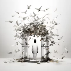Fotobehang man inside a cage with a bird © Micro