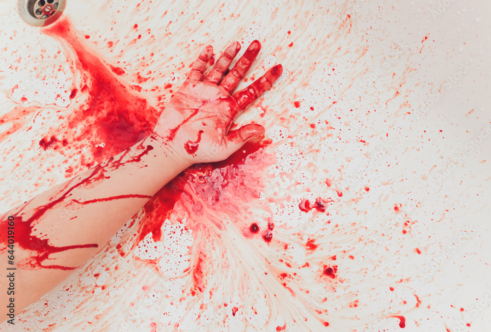 Wall mural Bloody hand of depressed woman in shower.