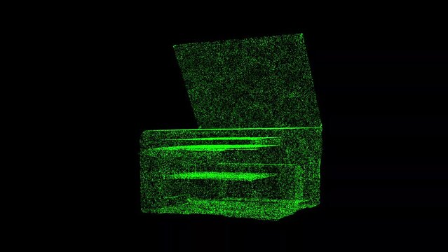 3D Photocopier printer MFP rotates on black background. Modern technologies concept. Office machinery and equipment. Business advertising backdrop. For title, text, presentation. 3d animation 60 FPS