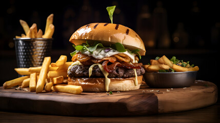 Grilled calf burger along with white mushroom cream and crispy french fries