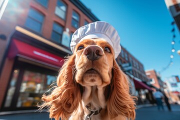 Fototapeta na wymiar Lifestyle portrait photography of a smiling cocker spaniel shaking head wearing a chef hat against a vibrant market street background. With generative AI technology