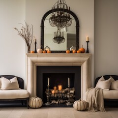 A warm and inviting den decorated for halloween with a crackling fireplace, pumpkins, a mirror, and cozy furniture, creates an atmosphere of comfort and festivity