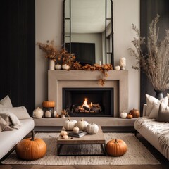 Obraz premium In a cozy room illuminated by the warm glow of a halloween-themed fireplace, a wall mirror reflects pumpkins, couches, and a hearth, creating a magical ambiance