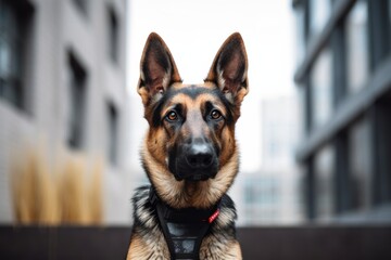 Close-up portrait photography of a cute german shepherd licking face wearing a training vest against a sophisticated corporate office background. With generative AI technology