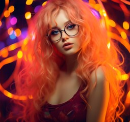 Obraz premium A woman with fiery red hair and stylish glasses stares boldly into the light, her portrait radiating confidence and power