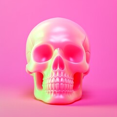 On a hauntingly vibrant pink backdrop, a sinister skull adorned with halloween decorations of bone and grisly details, evokes a chillingly eerie atmosphere