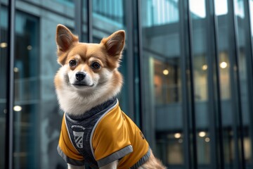 Studio portrait photography of a curious norwegian lundehund mounting wearing a sports jersey against a sophisticated corporate office background. With generative AI technology