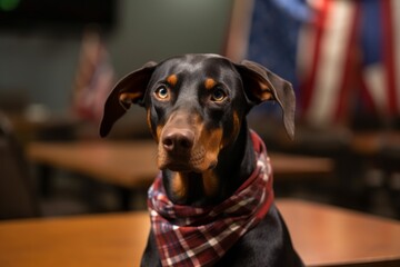 Environmental portrait photography of a curious doberman pinscher nuzzling wearing a cooling bandana against a lively classroom background. With generative AI technology
