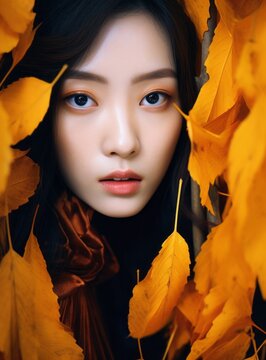 A woman stands in a kaleidoscope of autumn colors, her face framed by a vibrant crown of orange leaves