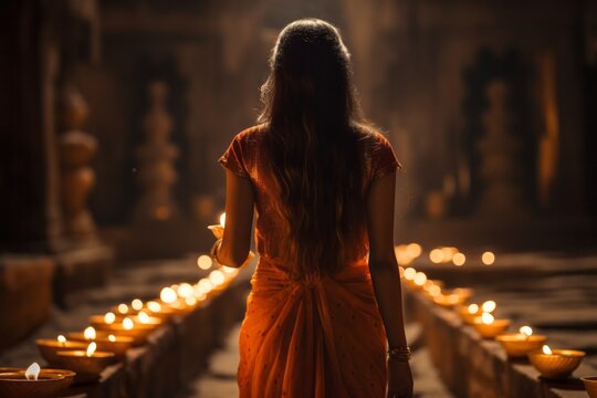 On the night of diwali, a single indian woman stands tall and proud, illuminated by the warm, flickering light of the countless candles surrounding her