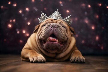 Group portrait photography of a happy chinese shar pei dog lying down wearing a princess crown against a lively classroom background. With generative AI technology